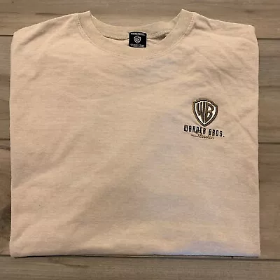 Vintage 90s Warner Bros Studios Embroidered Logo Tee Beige Cream Mens Size XXL • $19.99