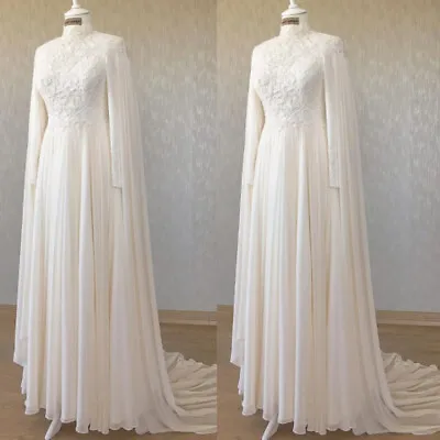 Chiffon Long Sleeves Muslim Wedding Dresses For Bride With Cape Lace Appliques • $134.99