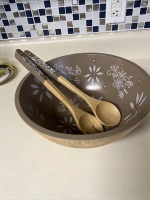 $15 • Buy Temp-tations | Taupe Floral Bamboo Salad Bowl & Server Set