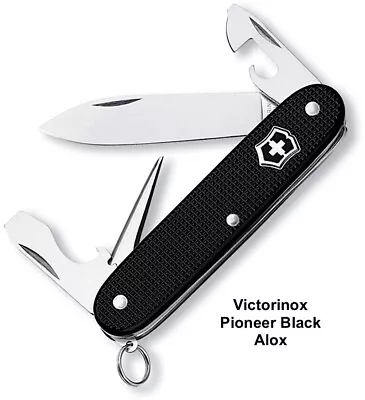 Victorinox Pioneer BLACK Alox Swiss Army Knife W/ Black Leather Clip Pouch  NEW • $78.88