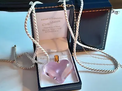 Lalique Pendant Necklace Pink Large Heart 9ct Gold Chain& Matching Silk  - New • £195