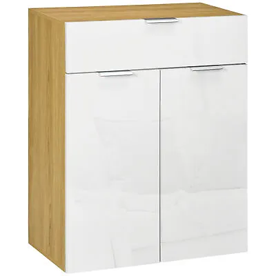 HOMCOM High Gloss Storage Cabinet W/ Drawer Double Door Cupboard White Natural • £49.99