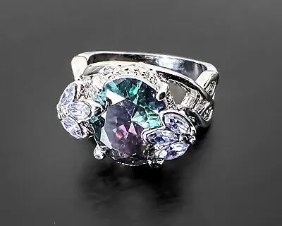 Leaf Big Rainbow Simulated Mystic Topaz Rhinestone Sterling Silver Plated Ring 7 • $9.50