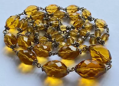 Old Vintage Jewellery Amber Glass Bead & Caps Wired Longer Length Necklace • £18.75