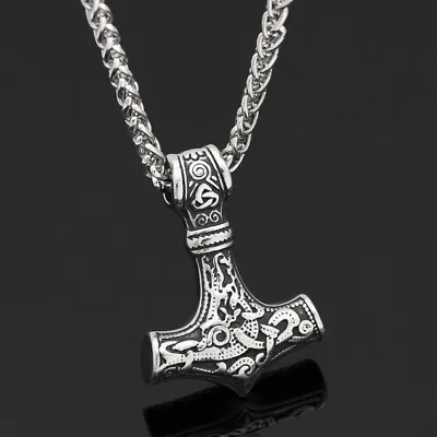 Viking Necklace Thor's Hammer Stainless Steel Pendant With Curb Chain • £4.99