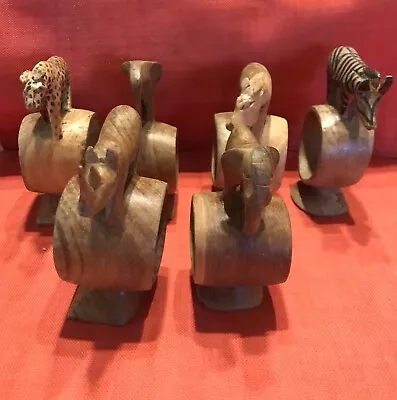 Vintage Hand Carved Wooden African Animal Napkin Rings Made In Kenya Set Of 6 • $20