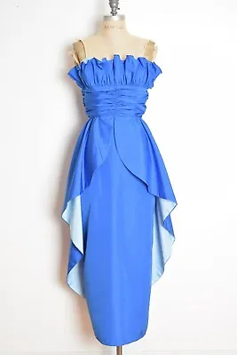 Vintage 80s Prom Dress Blue Ruffle Long Peplum Strapless Party Cocktail Gown XXS • $68