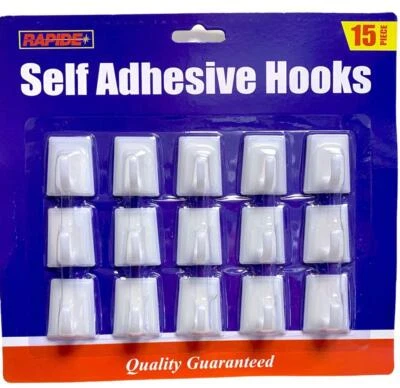 £3.49 • Buy Self Adhesive Hooks White Plastic Strong Sticky Stick On Wall Door Hang - 15 Pcs