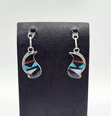 Vintage Native American Zuni Sterling Silver Turquoise Onyx Inlay Earrings  • $29