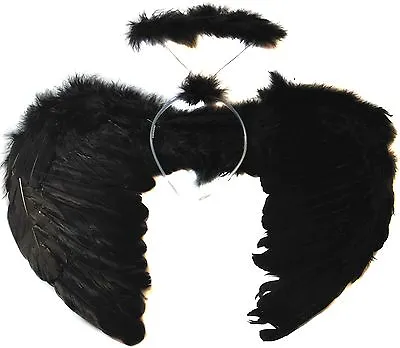 £8.99 • Buy Black Feather Angel Wings And Halo Fancy Dress Halloween Set Dark Angel