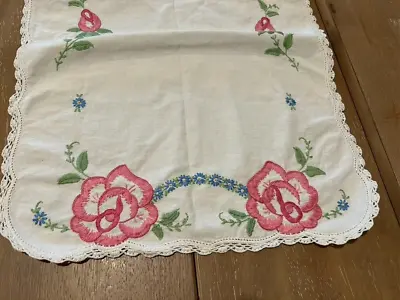 Vintage Embroidered Linen Table Runner 40 X16  Pink Roses On White Dresser Scarf • $14.95