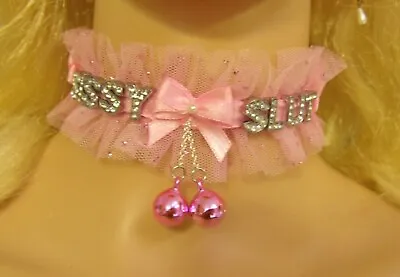 Any Size Choker Collar Pink Lace Sissy Bells Cum BDSM Lolita LOCKING DDLG • $35.50