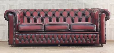 SUPERB Oxblood Red Leather Chesterfield Sofa 3 Seater Seat #85 *FREE DELIVERY* • £595