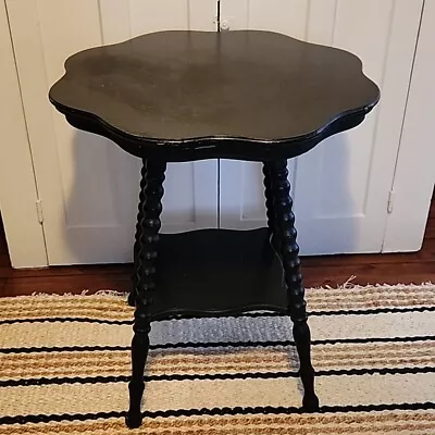 Antique Twist Bead Leg Oak Side Accent Table - Round Scallop Top Painted Black • $245