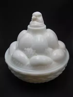 Westmoreland White Milk Glass Hen Chick On Egg Pile On Covered Basketweave Nest  • $20