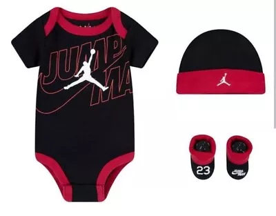 3 Piece Jordan Newborn 6-12 Months Black And Red Bodysuir Hat Socks • £15.10