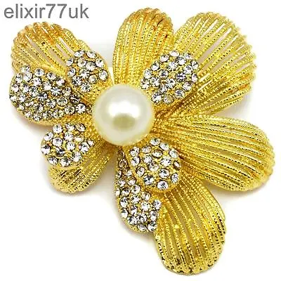 £5.59 • Buy New Large Gold Flower & Pearl Brooch Diamante Crystal Wedding Bridal Gift Broach