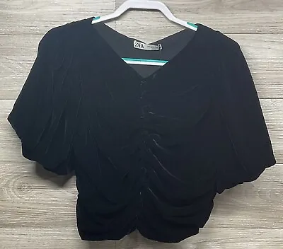 NWT Zara Black Top Velvet Balloon Puff Short Sleeve Medium Ruching Cropped • $30