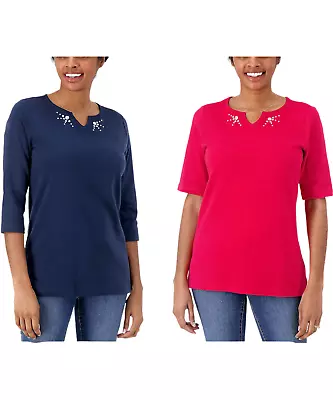 Quacker Factory 2-Pack Split Neck Sparkle Tops Red/Dark Navy • $29.99