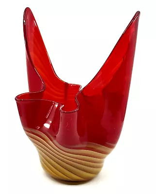 Vintage MURANO Italian ART GLASS Swung VASE Red & Yellow MCM Centerpiece 1960s • $85