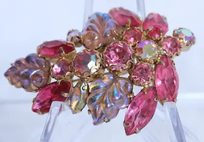 VINTAGE SIGNED WEISS LARGE PINK Molded Leaf Aurora Rhinestones Brooch Pin 2.25  • $85