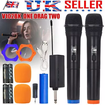 2x Wireless Microphone Dual UHF Cordless Handheld Dynamic Mic System Receiver UK • £15.89