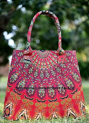 Indian Red Hand Bags Women Shopping Shoulder Bag Cotton Peacock Mandala Tote Bag • $38.49