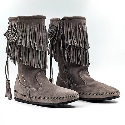 Minnetonka Women Fringe Tassel Festival Party Grey Suede Mid Calf Boots Size 9 • $32