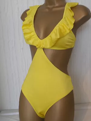 Sexy Yellow H&m Cut Out Ruffle  Frill Monokini Swimsuit Size 8 New • $16.02