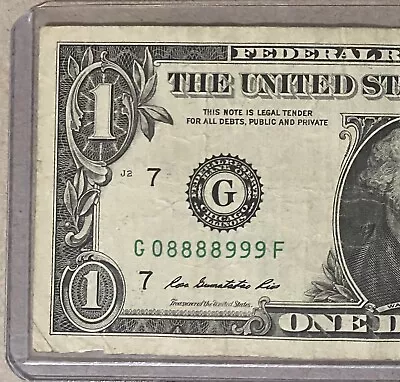 Fancy Serial Number 1 Dollar Bill Trinary Near Perfect Quad Binary G 0-8888999 F • $25