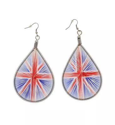 Ladies Womens Girls Union Jack Red White Blue Mesh Net Tear Drop Earrings New • £3.99