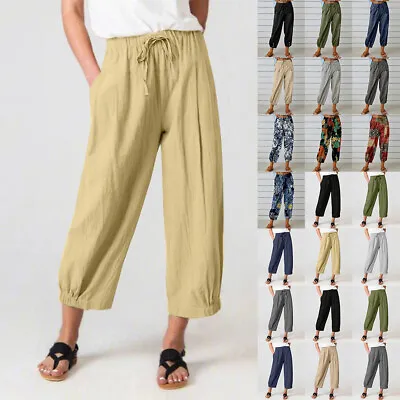 Women Cotton Linen Harem Pants Elastic Waist Pocket Casual Hippy Trousers Size • £11.79