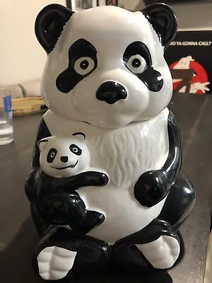 Vtg Ceramic Panda Bear Cookie Jar W/ Baby Panda 10.5  • $40