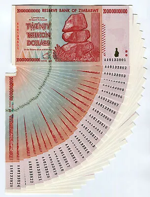 Zimbabwe 20 Trillion Dollars X 25 Pcs AA 2008 P89 Consecutive UNC Currency Bills • $2138.13