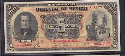 1914 - El Banco Oriental De Mexico - Cinco (5) Pesos Note - • $19.99