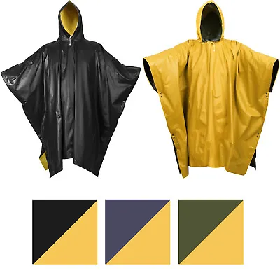 Reversible Waterproof Rain Poncho High Visibility PVC Thick Outdoor Hood & Snaps • $25.99