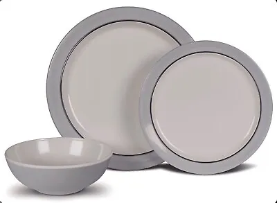 12pc Melamine Dinner Set Grey Picnic Outdoor Crockery Classic Plates Bowls For 4 • £42.99