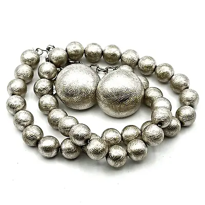 Vintage Whiting Davis Brushed Silvertone Beaded Necklace & Clip-on Earrings Set • $34.95