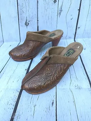$17.42 • Buy SALPY Handmade Shoes  CLOGS Sz 6.5 Brown Leather Mules Embossed Vintage Des