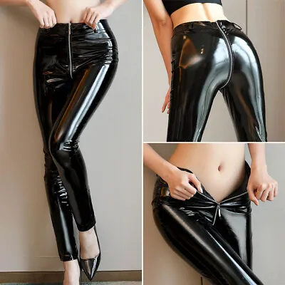 Womens Glossy Patent Leather Leggings Pants Sexy Wetlook Zipper Crotch Trousers • £24.55