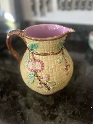 Antique Majolica Pitcher With Basket Weave With Flowers • $115