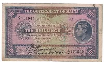 Malta - 13.9.1939 10 Shillings Banknote (P-13) • $45