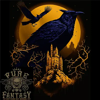 A Raven & Haunted House Moon Halloween Mens Cotton T-Shirt Tee Top • £10.75