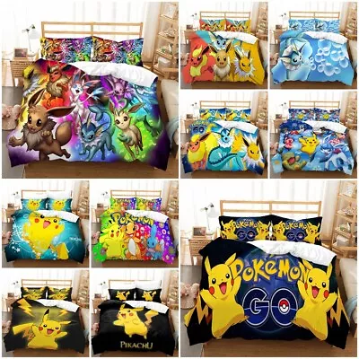 Cartoon Pikachu Eeveelution Doona Duvet Quilt Cover Set Pillowcase Bedding Set • $26.99