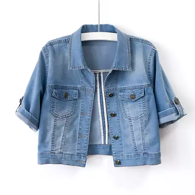 Women Denim Jacket Jeans Coat Crop Top Casual Short Sleeve Outwear White New • $49.50