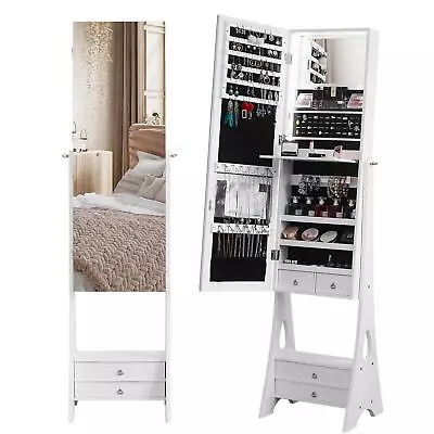 Full-Length Mirror Jewelry Cabinet LED Lights Lockable Armoire With 4 Drawers • $105.99