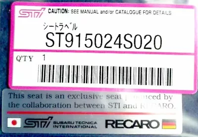 $45 • Buy Subaru Genuine OEM Impreza WRX STI RECARO Seat Sticker Emblem ST915024S020