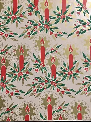 Vtg Christmas Wrapping Paper Gift Wrap Nos Candle With Halo Gold Red Green • $5.99