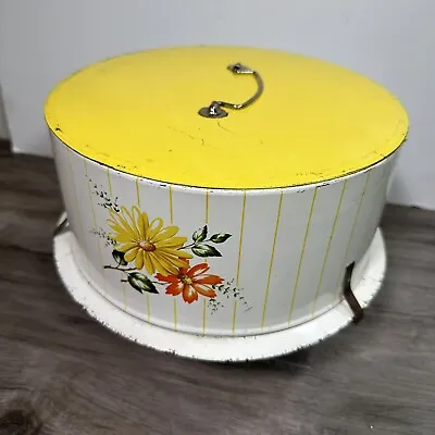 $21.24 • Buy Vintage Cake Tin Carrier Mid Century Decoware Yellow Flowers 1960s? Rustic Chic