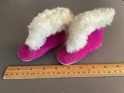 Antique Vtg Fuchsia Felt & Fur Trim Baby Booties Crib Shoes Marked 510 • $14.97